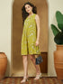 Janasya Women's Olive Green Pure Cotton Abstract Printed A-line Dress